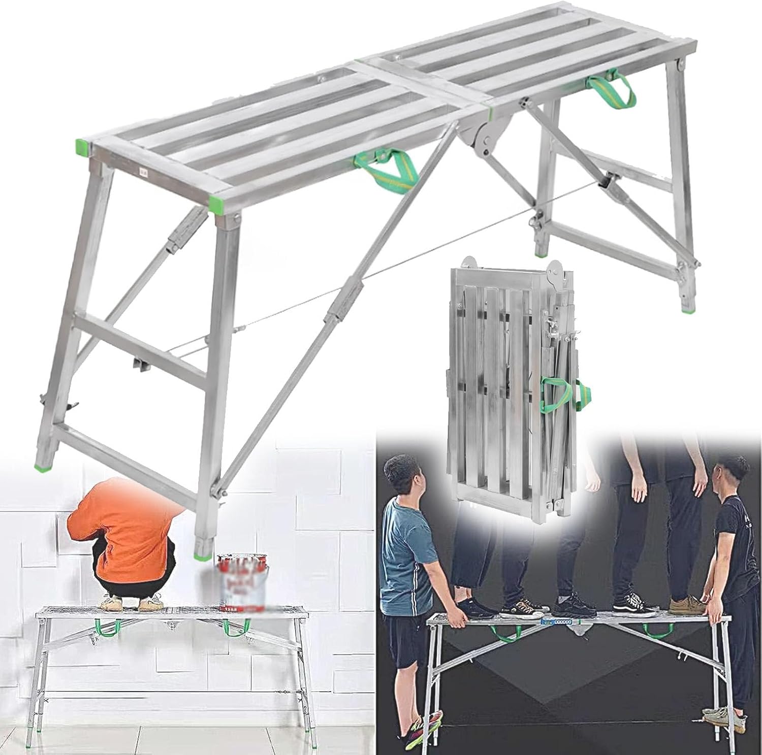 Work Platform Adjustable Work Platform Galvanized Steel Welding, Portable Folding Scaffolding Equipment, 200cm Multipurpose Non-Slip Scaffold for Ceiling Cleaning, Painting, Car Washing