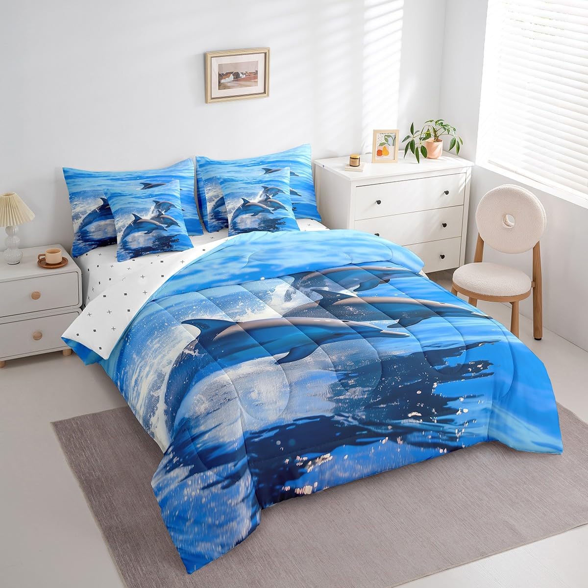 Manfei Dolphin Bedding Set Cute Dolphins Sealife Bed in a Bag Lovely Ocean Animals Comforter Set King Size 7 Pieces for Kids Boys Teens Bed Set with Comforter,Sheet Set,Pillowcases,Pillow Covers