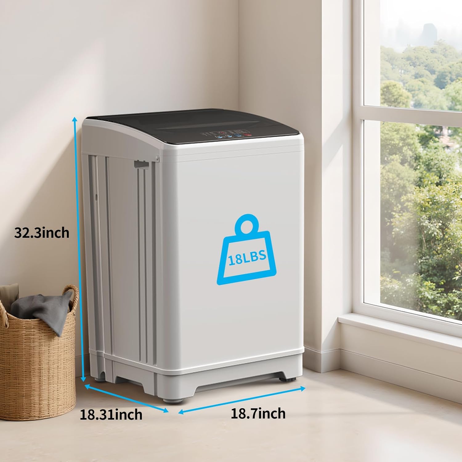 Dimensions of the TABU 18lbs Portable Washing Machine: 32.3 inches high, 18.31 inches deep, 18.7 inches wide, with an 18lbs capacity label.
