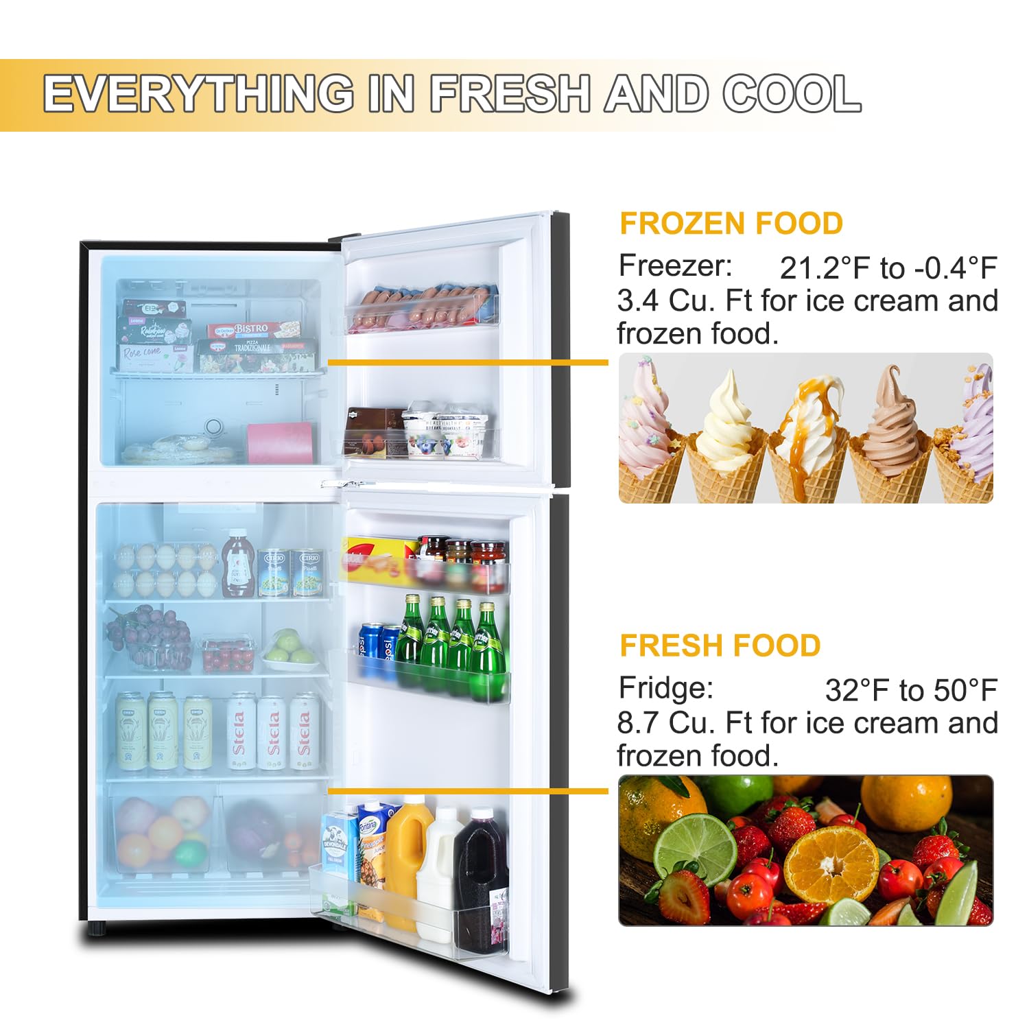 Frestec 12.1 Cu' Refrigerator With Freezer, Apartment Size Refrigerator Top Freezer, 2 Door Fridge With Adjustable Thermostat Control, Freestanding, Door Swing, Black (Fr 1202 Bk) on Fridge.com - View 5