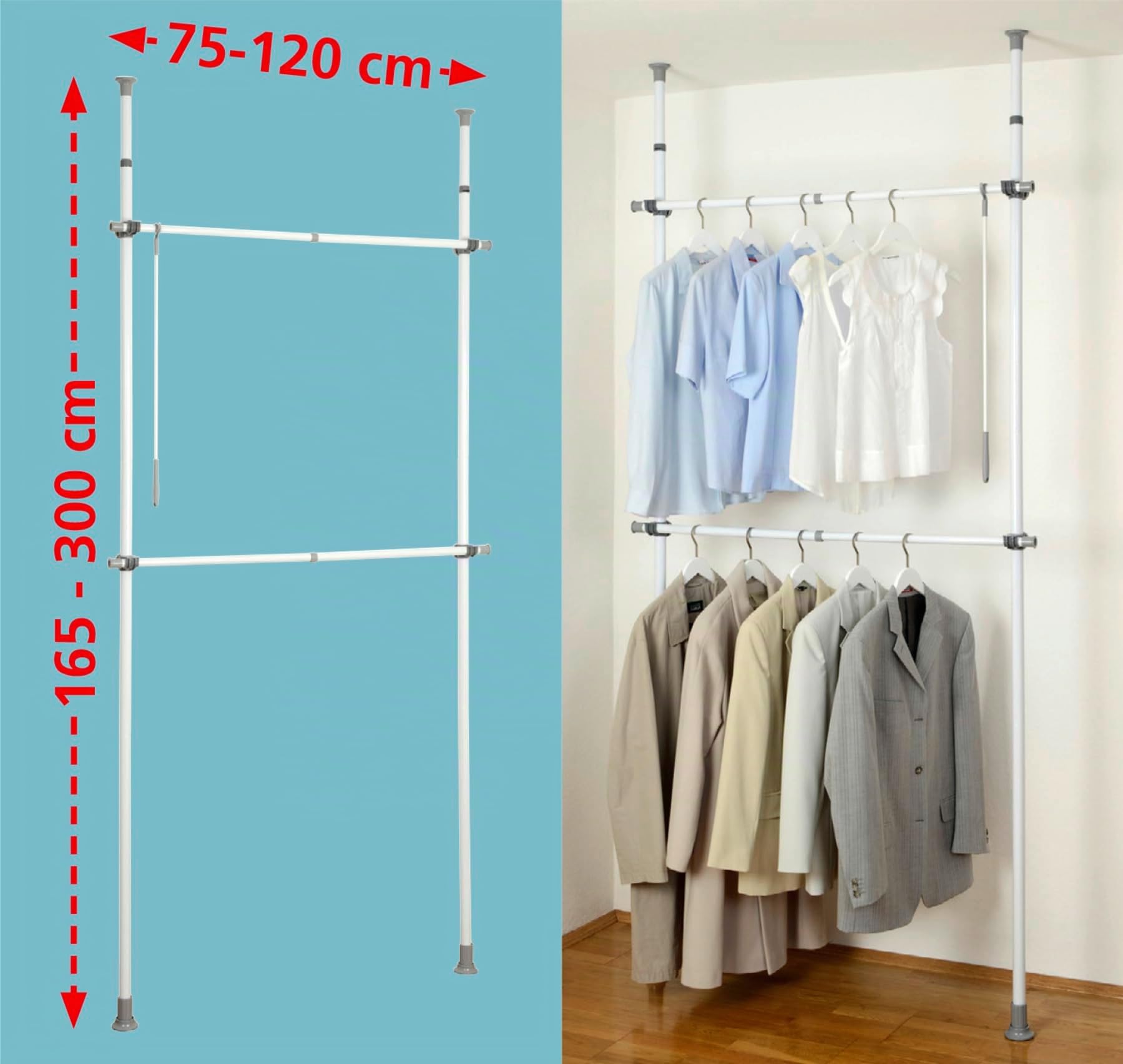 WENKO Sistema telescópico Herkules Basic - Sistema de orden ajustable, sistema de guardarropa, Acero, 75-120 x 165-300 x 11 cm, Blanco