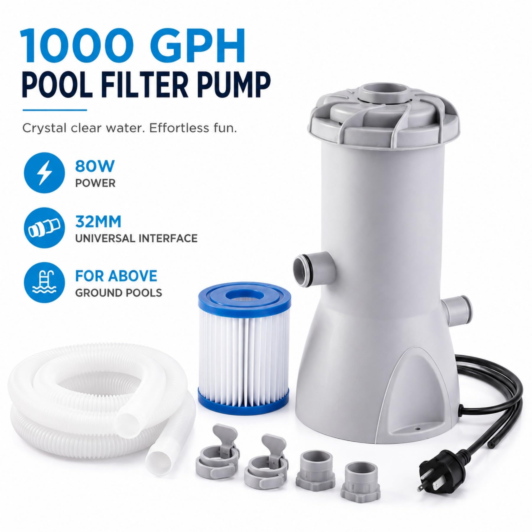 Pompa basenowa 1000 GPH, 80 W, przyłącze 32 mm, kompletny zestaw z wężem – cicha pompa filtrująca, pompa filtrująca, do małych i średnich basenów rozkładanych i basenów ramowych