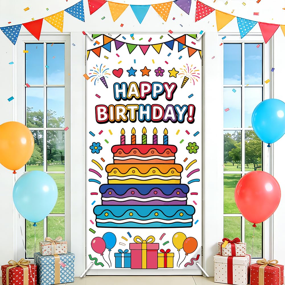 SUPERDANT Door Banner Backdrop Happy Birthday Door Cover Polyester Banner with Reliable Reusable Material Front Entrance Decoration for Birthday Party Colorful 185x90cm