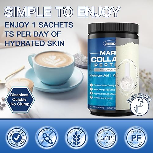 Miniatura 7 de ZEBORA Marine Collagen Peptides Powder - 50 porciones Colágeno de pescado hidrolizado capturado en la naturaleza con ácido hialurónico, queratina,