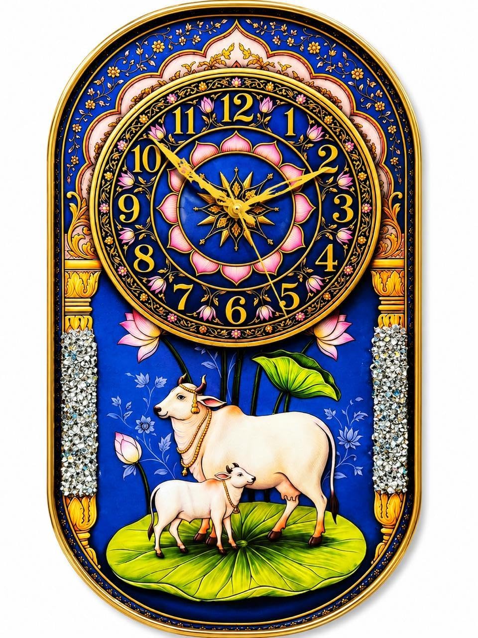 Decorative Wall Clock with Cow and Calf Pichwai Art, Blue | Lotus Floral Motif, Gold Numerals, Oval Shape, Traditional Indian Art, Crystal Embellishments-image-9