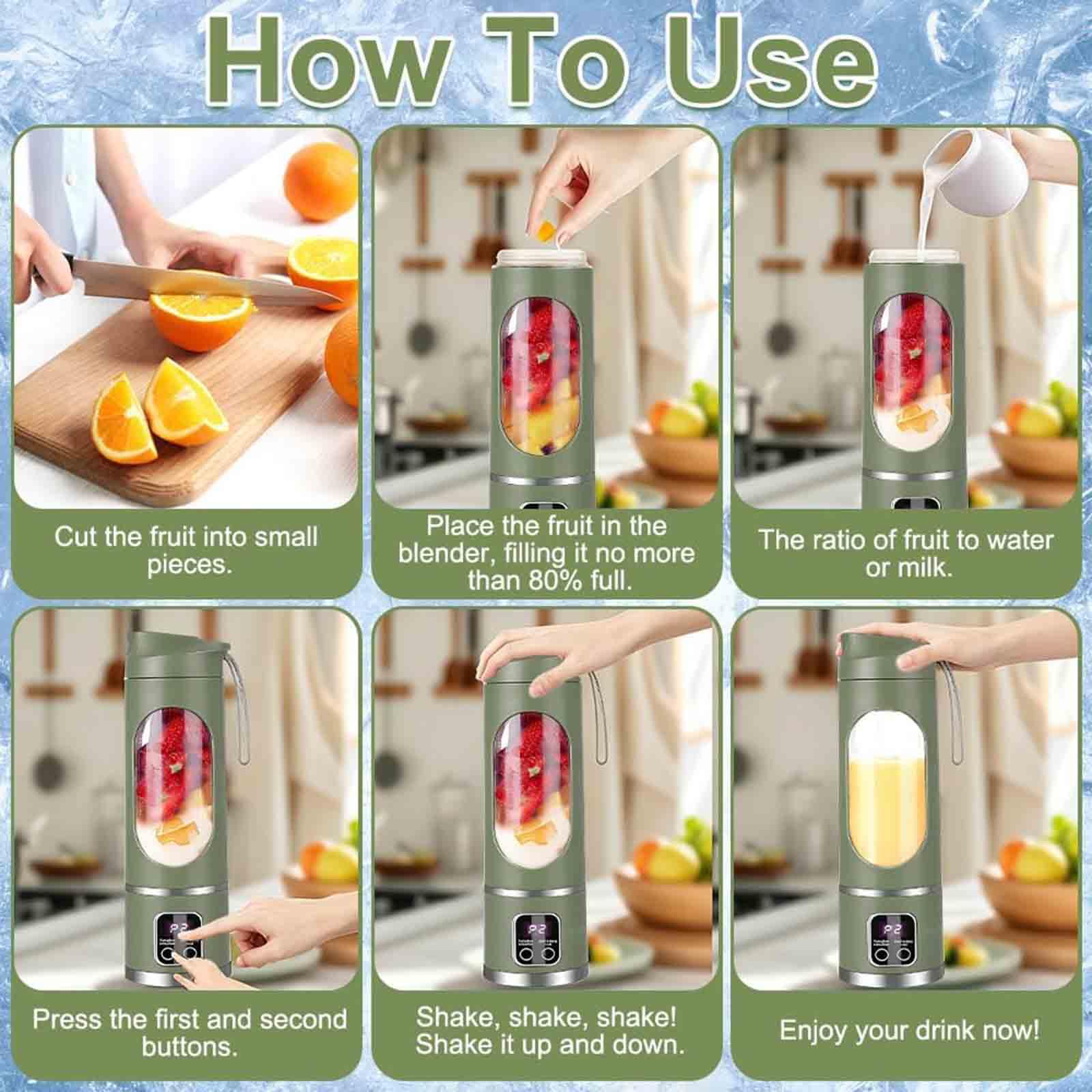Licuadora portátil para batidos, 450 ml, recargable por USB, mini exprimidor de 12 cuchillas, potente licuadora eléctrica para frutas, batidos, batidos, fácil de limpiar