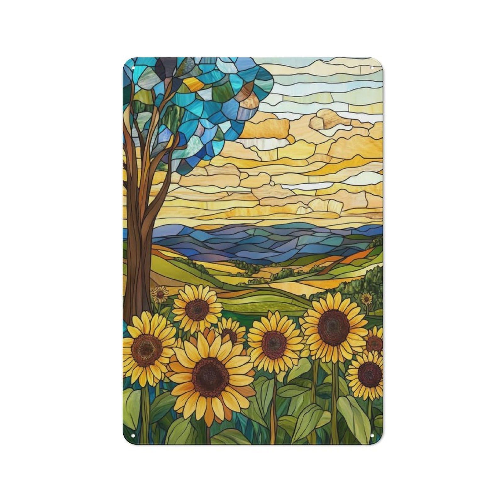 Junmoney Stained Glass Sunflower Field Tin Wall Plaque 30X20cm, Rustic Farmhouse Wall Decor For Dining Room, Cafe, Entryway Or Family Room