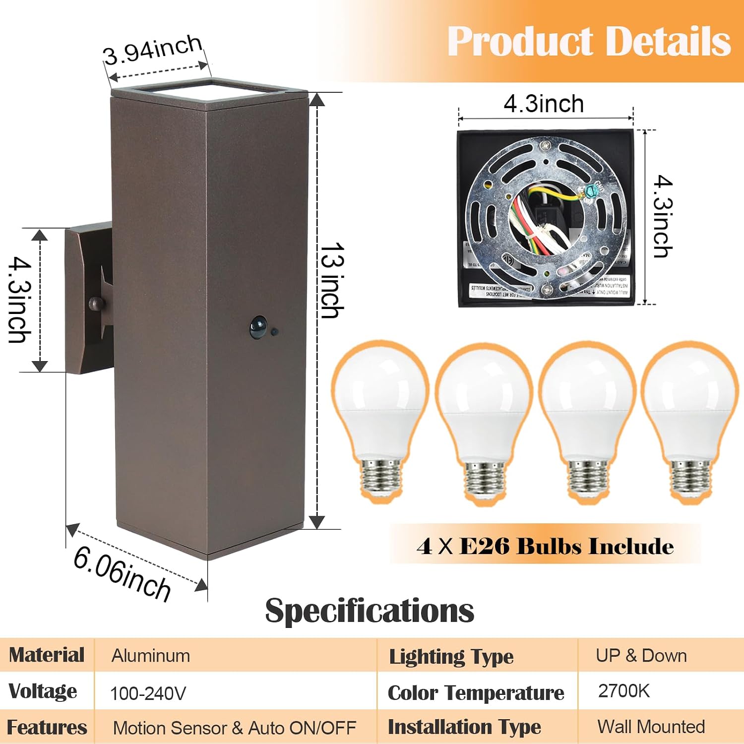 wowlite Motion Sensor Porch Light 2 Pack, Outdoor Lights for House Dawn to Dusk Outdoor Light Fixture, Up and Down Waterproof Modern Exterior Lighting Fixtures for Front Door Garage Yard, ETL Listed
