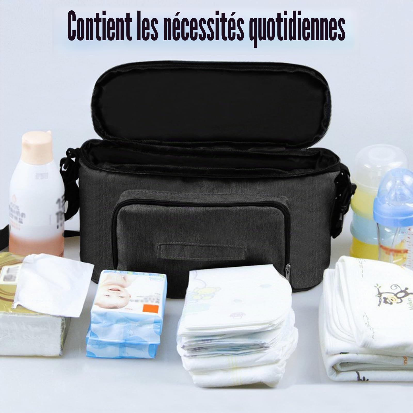 Organisateur Poussette Universel Imperméable Sac de Rangement pour Poussette en Oxford avec 2 Porte Gobelets Isothermes et Bandoulière Réglable Idéal pour Biberons, Couches et Accessoires Bébé (Noir)