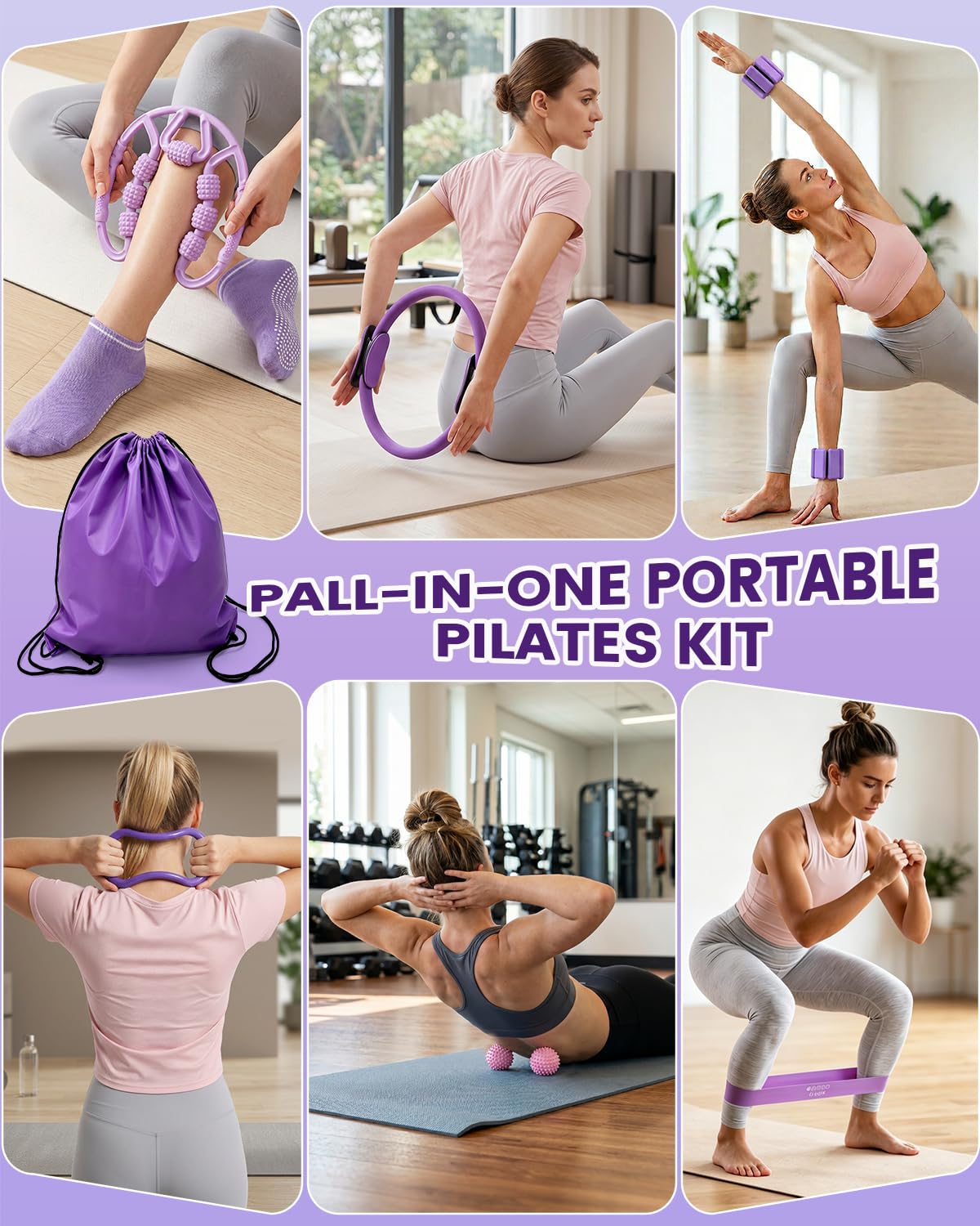Kit per Pilates 24 in 1, kit per allenamento a casa, per donne, attrezzatura per pilates con anello e palla da 33 cm, per principianti e allenamenti a casa