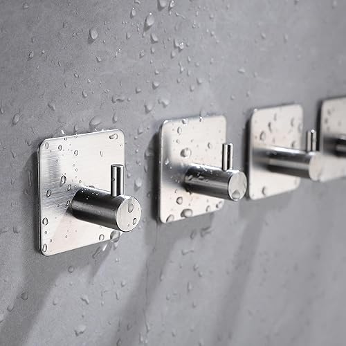 Miniatura 5 de YIGII Ganchos adhesivos plateados para toallas, paquete de 4 ganchos de pared de acero inoxidable para colgar toallas, batas, abrigos, ganchos