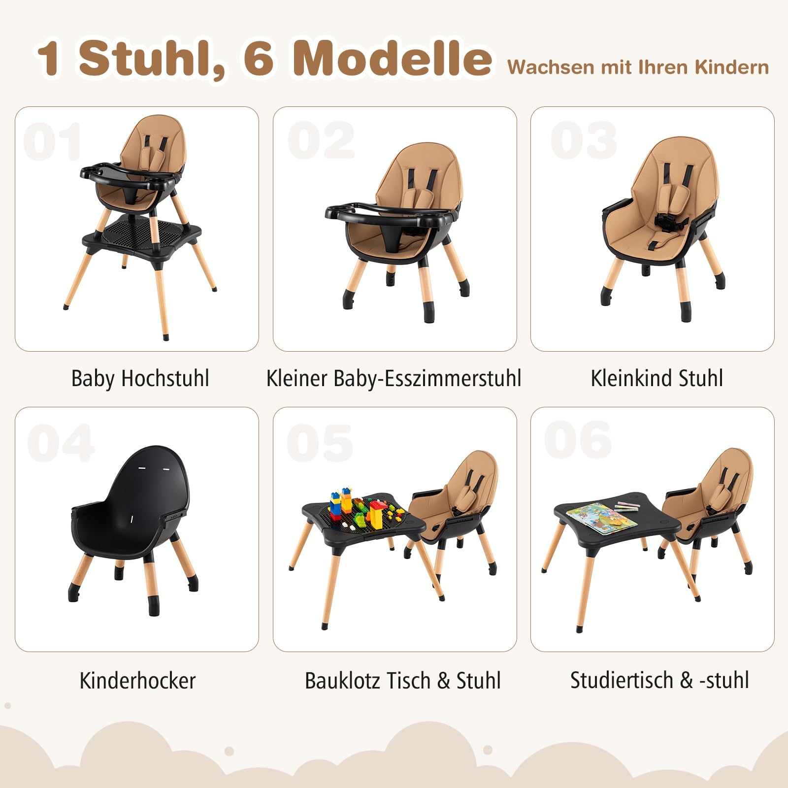 GOPLUS 6 in 1 Hochstuhl Baby, Kinderstuhl mit abnehmbares Bausteintisch, Babyhochstuhl mit verstellbar Doppeltablett, Kombihochstuhl, Essstuhl, Lerntisch, Kinderhochstuhl für 6-36 Monate (Braun)