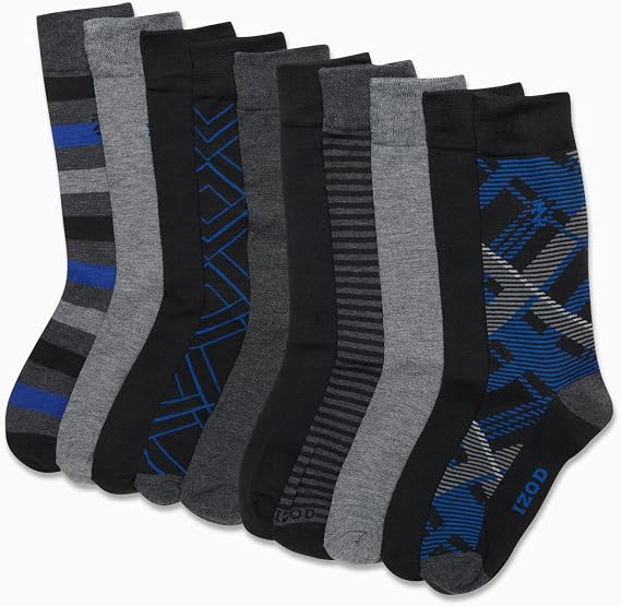 IZOD Mens 10 Pack Dress Casual Crew Socks Lightweight and Moisture Wicking