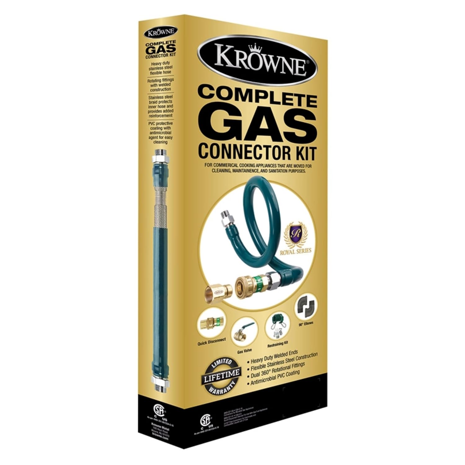Krowne M5072K Royal Series Moveable Gas Connection Kit, 1/2” I.D., 72” Long, Stainless Steel Corrugated tubing & Radial wrap with Green PVC Coating, Quick Disconnect