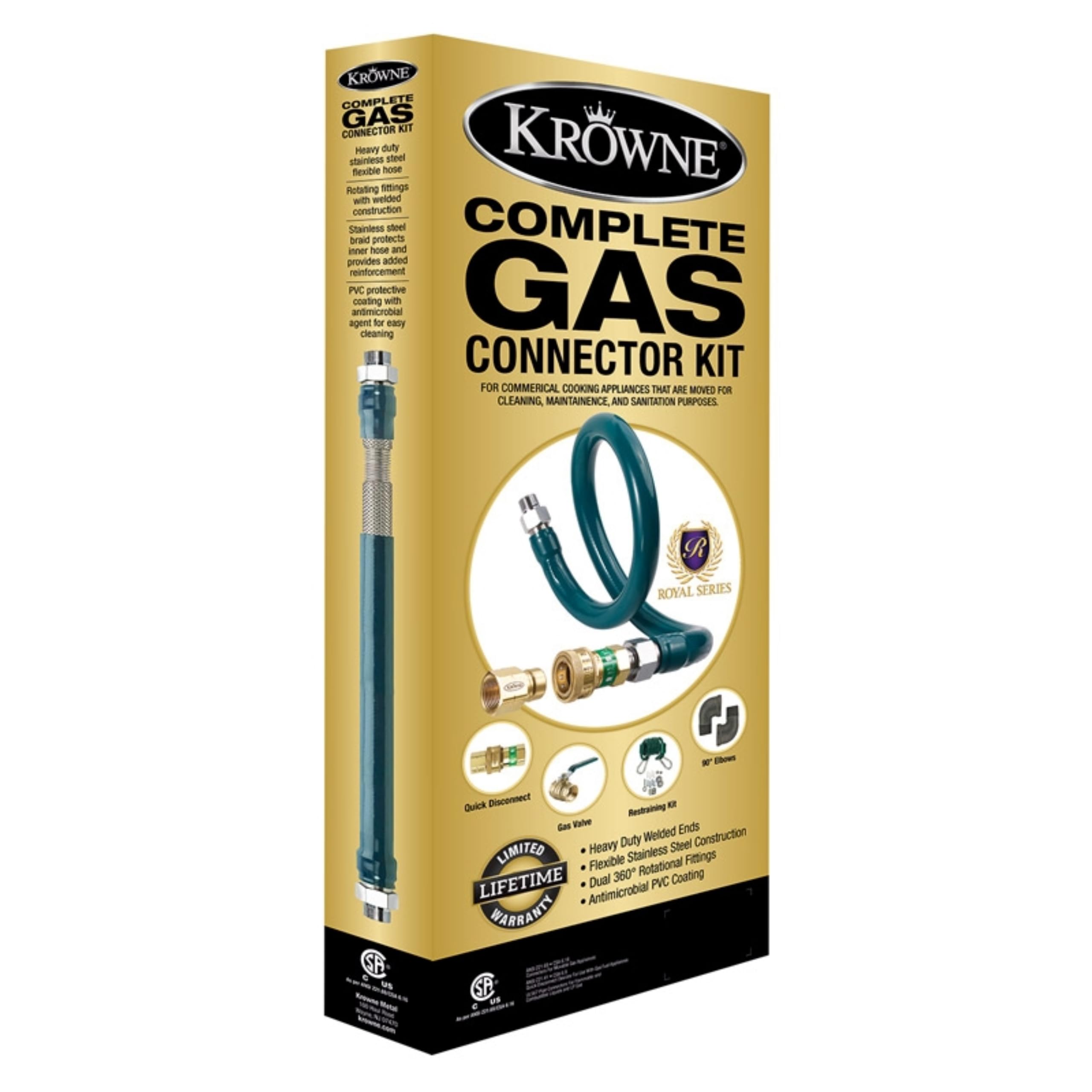 Krowne M5072K Royal Series Moveable Gas Connection Kit, 1/2” I.D., 72” Long, Stainless Steel Corrugated tubing & Radial wrap with Green PVC Coating,