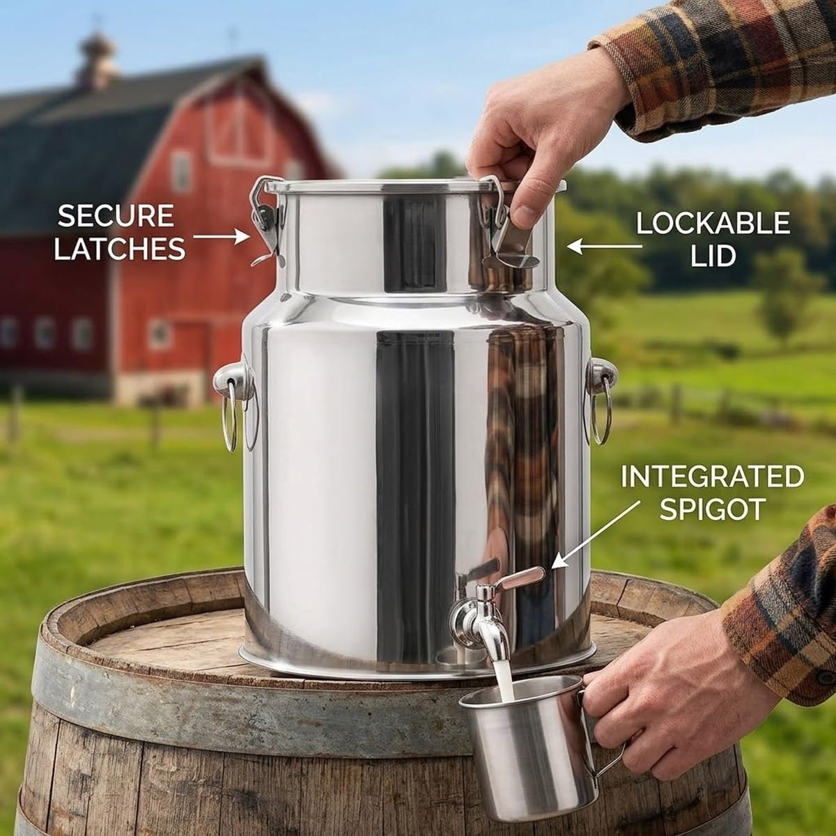 Lechera Acero Inoxidable 5L 8L 9L 10L 14L 28L Resistente con Tapa y Asa Jarra de Leche Hermética para Almacenamiento Seguro de Alimentos y Líquidos(No Spigot,7L/1.85Gal)