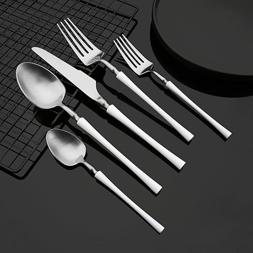 Miniatura 2 de JASHII Juego de cubiertos de 20 piezas de acero inoxidable 304 con acabado satinado para 4, color blanco mate y plateado, utensilios de cocina