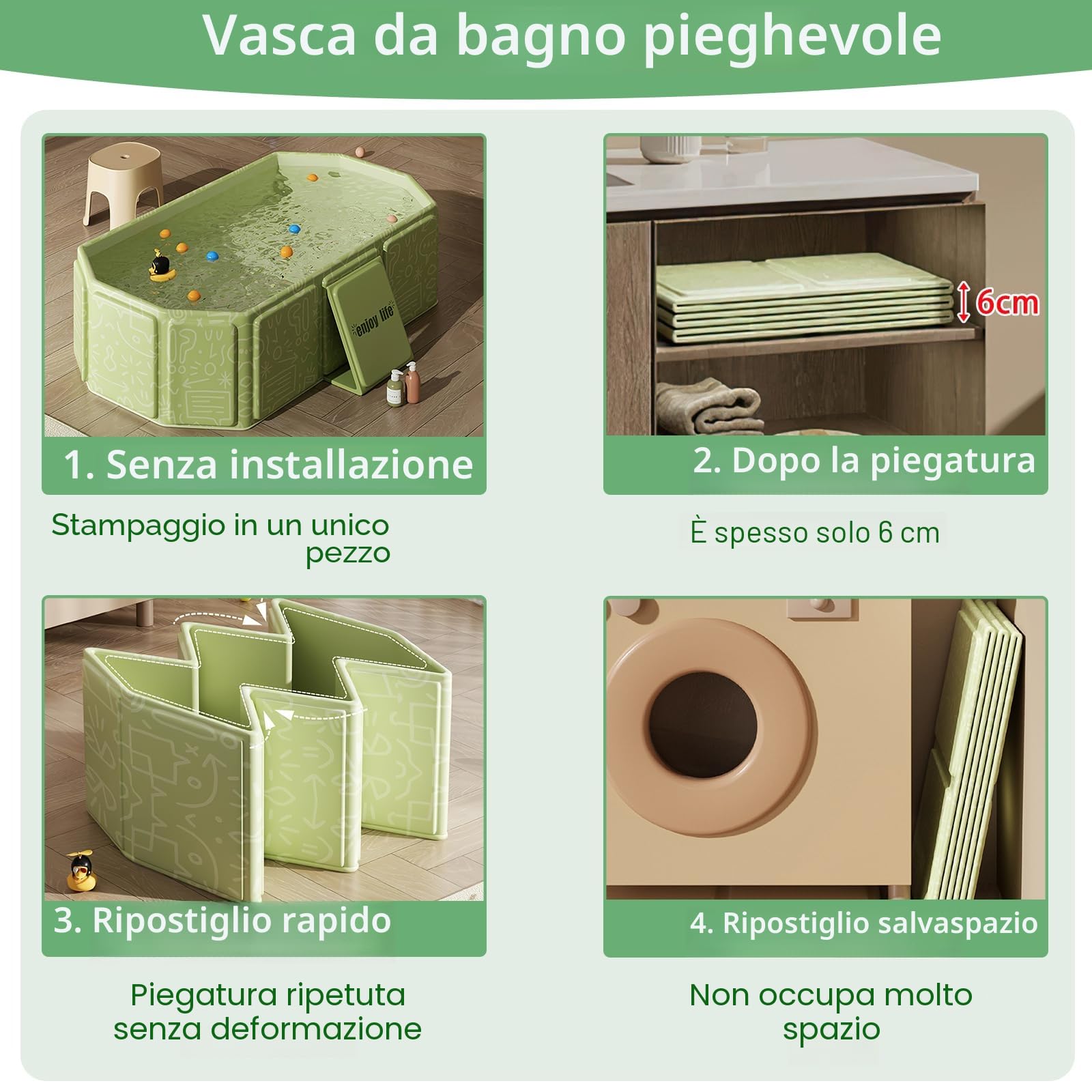 Vasca da Bagno Pieghevole per Bambini, Multiuso e Salvaspazio, Adatta da 0 a 8 Anni, Vaschetta Bagnetto Neonato Pieghevole con Tappo di Scolo, Vasca da Bagno Portatile per Bambini (Verde)