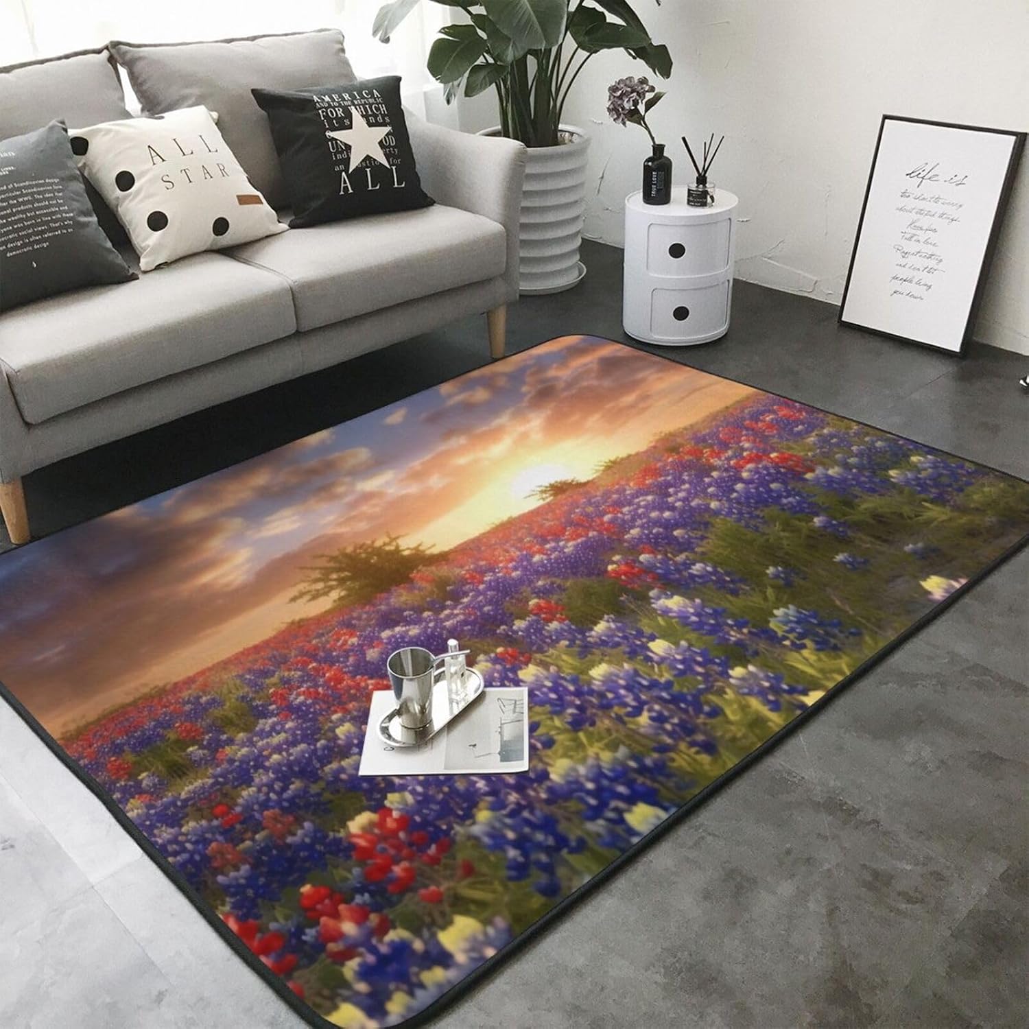 Flannel Non-Slip (Texas Bluebonnets Scenery) Rug Pad 80×50in Soft Washable Protective for Hardwood Floors Bedroom Bathroom Living Room