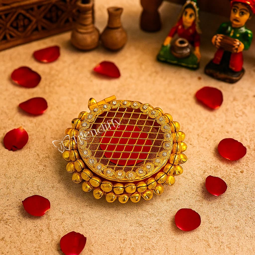 Trendifly Golden Metal Ghungroo Round Gold Silver Coin Cash Shagun Box | Decorative Ring Coin Sikka Storage Box | Wedding Pooja Baby Shower Shagun Return Gifts (2)