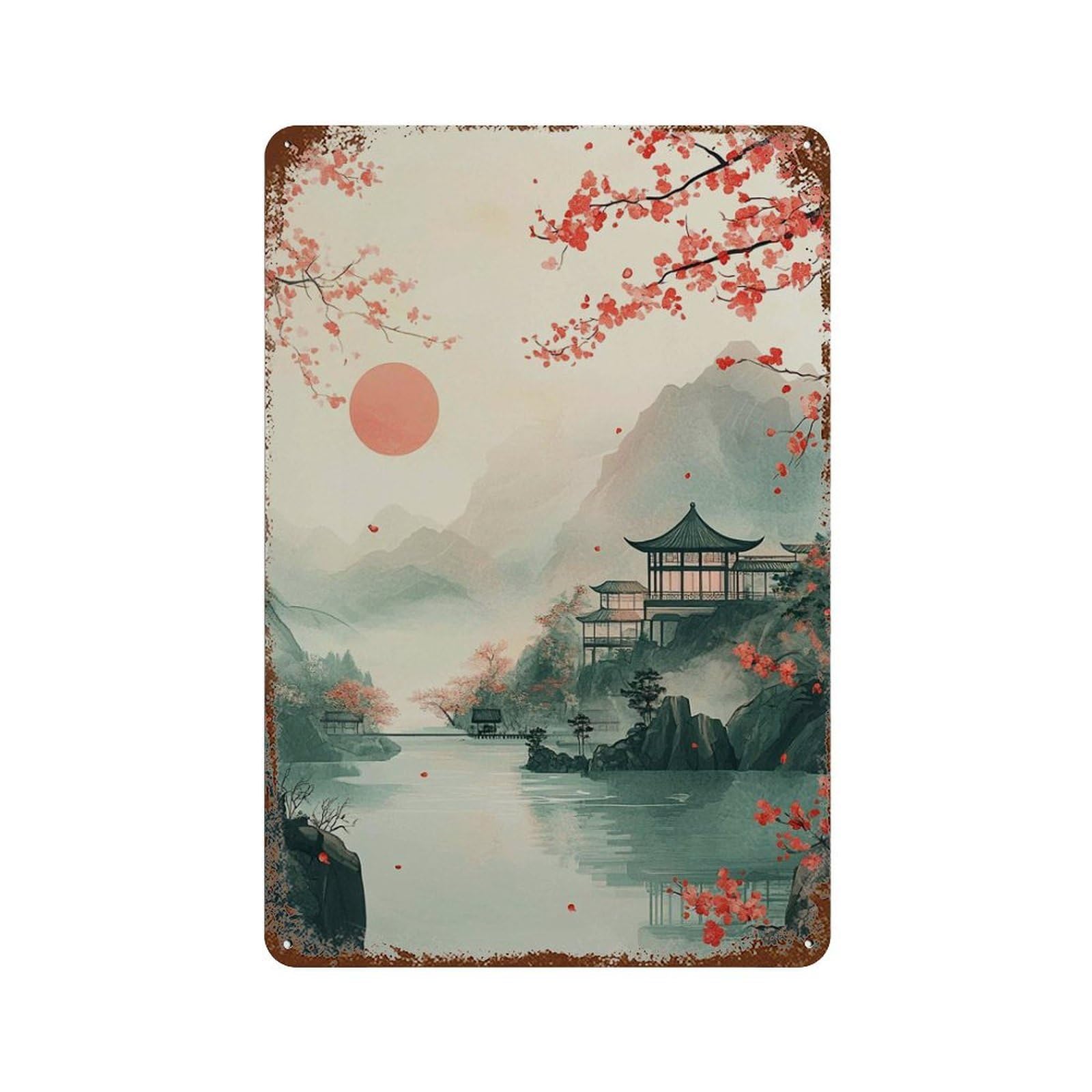 xiaoxiaoshen Japanese Landscape Cherry Blossom Temple Tranquil Sunrise Lake Peaceful Wall Decor Art Metal Tin Poster Modern Home Decor Art Home Bar Shop Decorations Vintage Sign 30x20cm