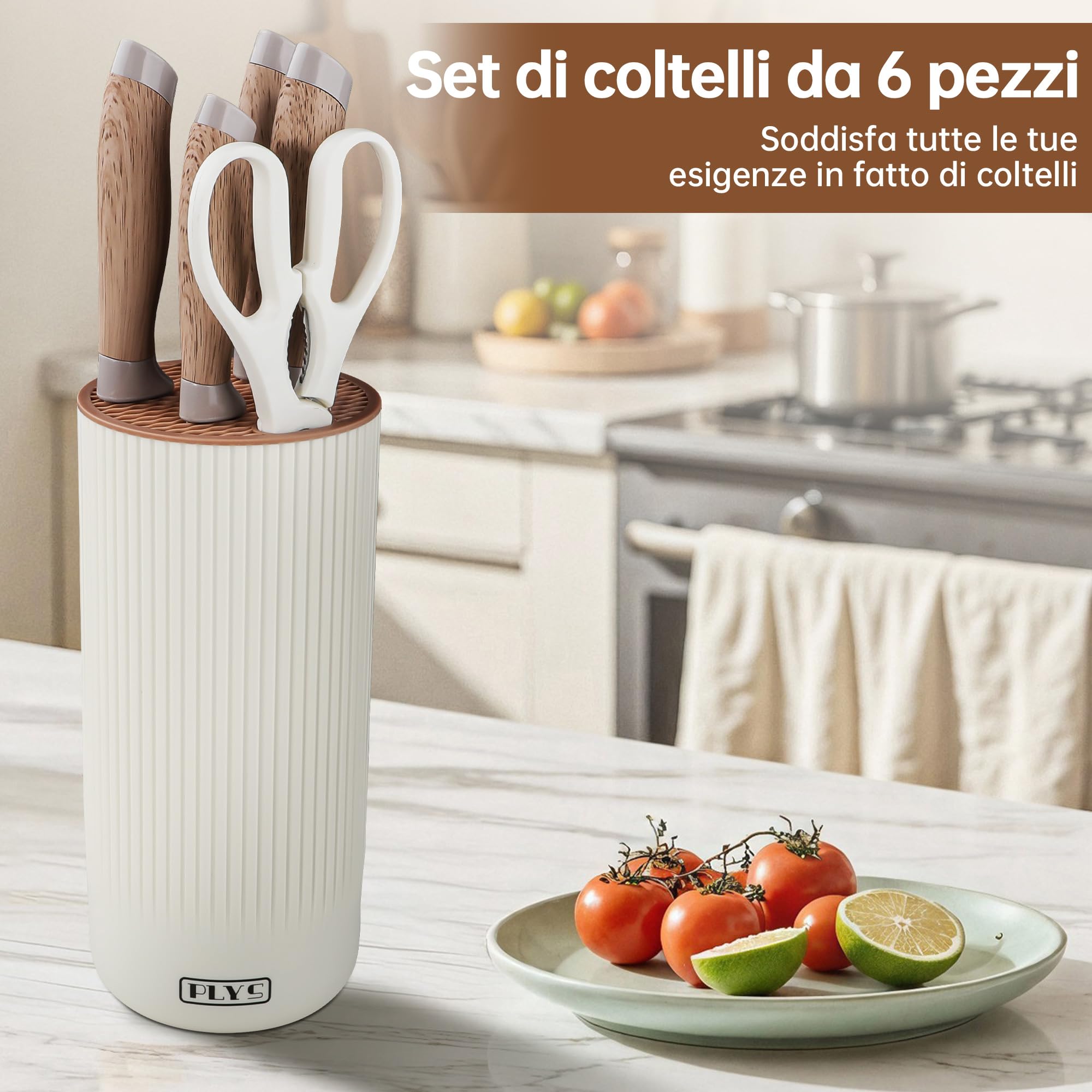 Set di Coltelli: Set di Coltelli da 6 Pezzi Comprende 2 Coltelli da Cucina, 1 Coltello da Pane, 1 Paio di Forbici e Un Ceppo Portacoltelli Universale, Set da Cucina, Carne, Verdura e Frutta, Cachi