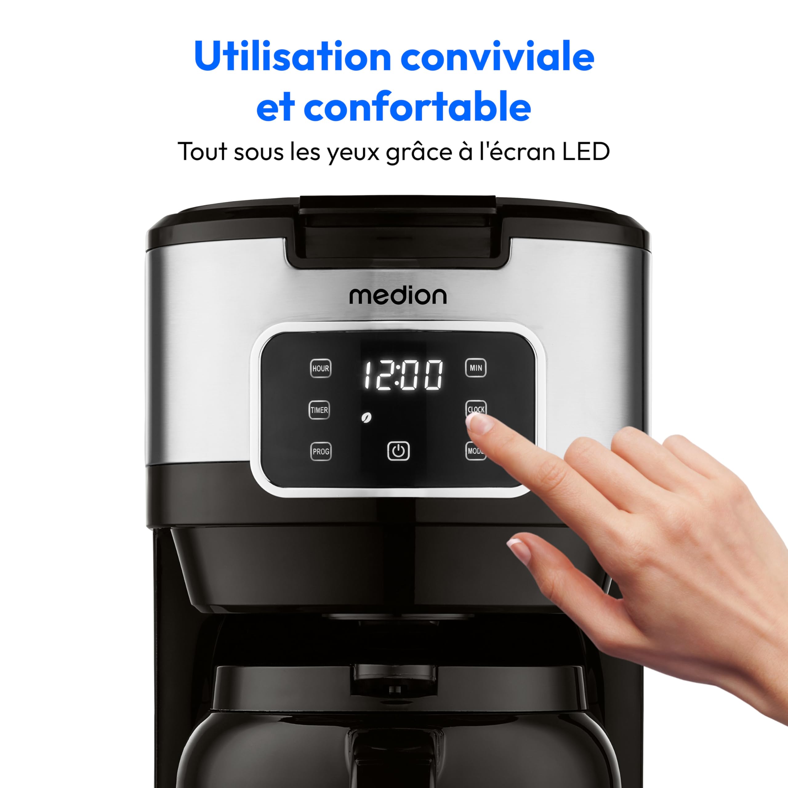 MEDION Machine à café avec thermos et minuterie (machine à café filtre, 10 tasses, 1,25 litre, 900 watts, minuterie, anti-goutte, écran, MD11019) acier inoxydable