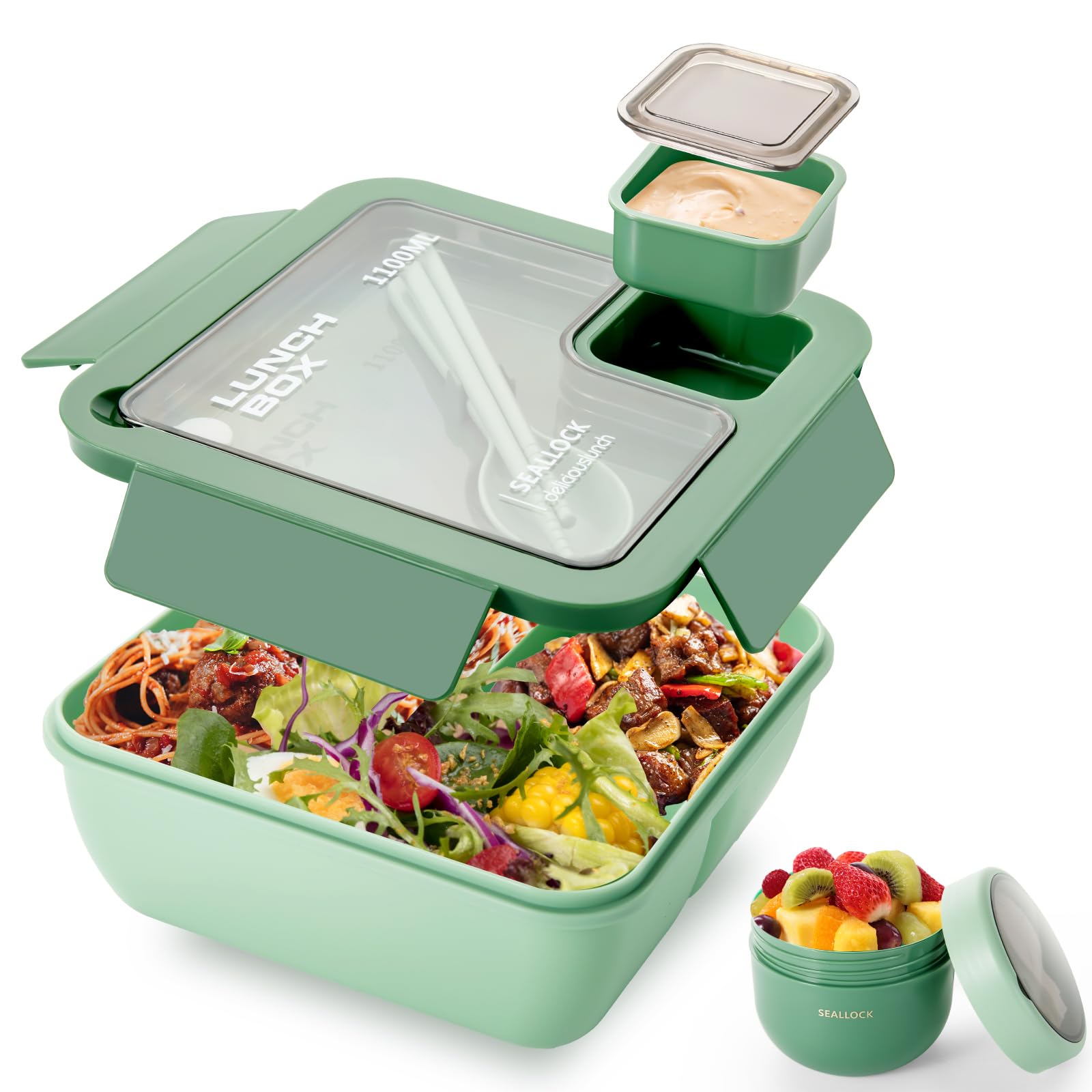 Dyserbuy 1100ml Lunchbox Erwachsene, Brotdose Kinder mit Fächern | Suppenschüssel, Geschirre Set, Meal Prep Boxen mit Frühstücksdose mit Besteck Essensbox Jausenbox Vesperdose, Grün