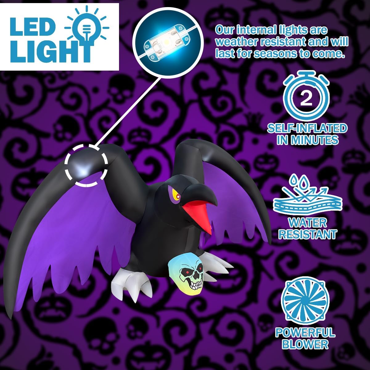 BLOWOUT FUN Halloween Decorations 6 Ft Length Halloween Inflatable Crow with RGB Lighted Skeleton, LED Blow Up Lighted Clearance Decorations Indoor Outdoor Holiday Art Decor Halloween Inflatables