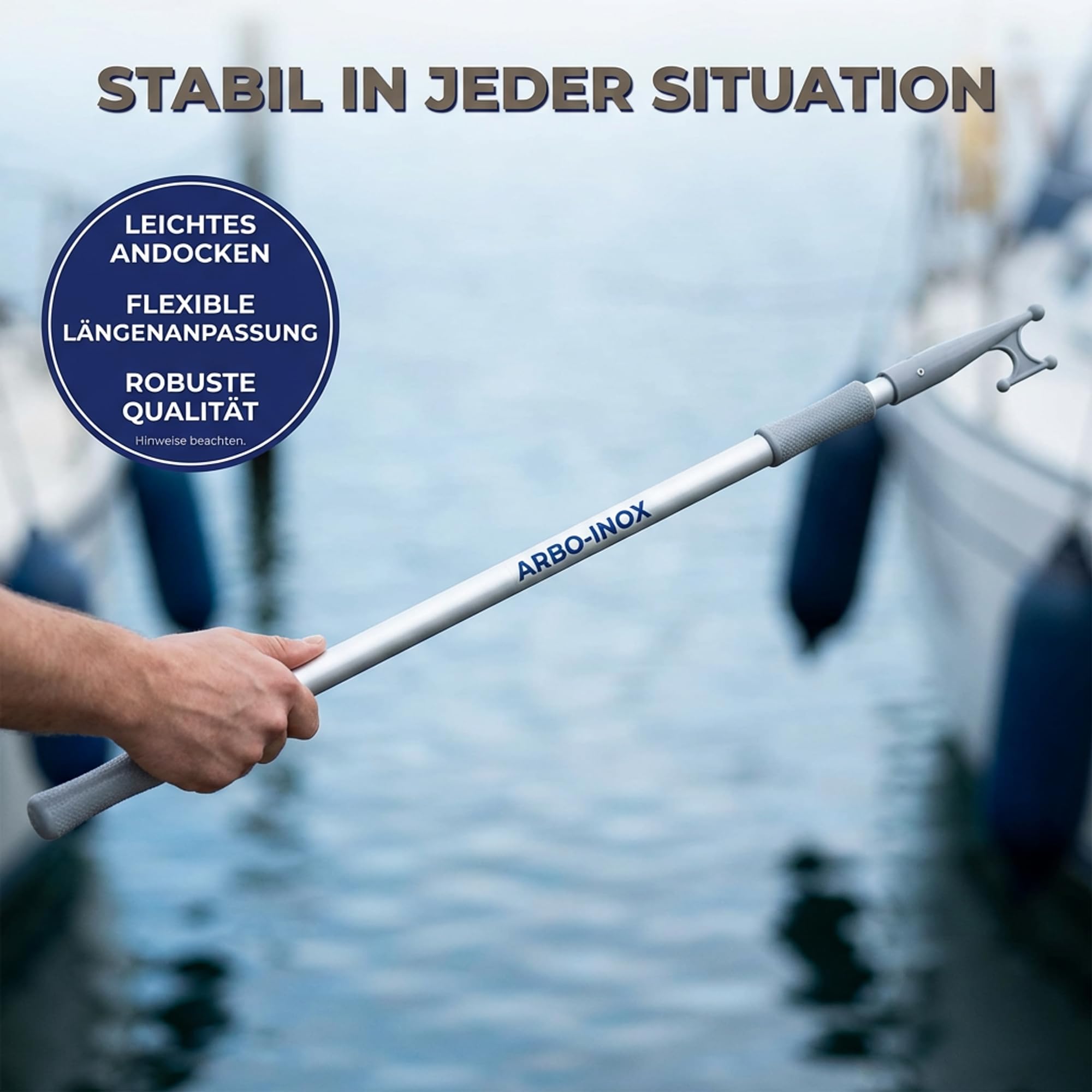 ARBO-INOX Bootshaken Teleskop Schleusenhaken ALU 120-210 cm – Stabiler Aluminium-Haken – Verlängerter Arm an Bord
