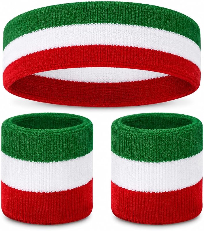 Italy Headband & Wristband Set | Mexico Headbands & Wristbands | Italia Sports Head Band & Wrist Bands | Italian & Mexican Tricolor Gym Head Bands | 1 Headband/2 Wristbands | Red/White/Green | Elastic