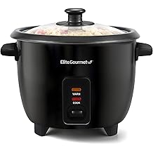 Elite Gourmet Electric Rice Cooker with Steam Tray and Non-Stick Inner Pot Makes Soups, Stews, Grains, Cereals, Keep Warm Feature, 6 Cups Cooked (3 Cups Uncooked), Black