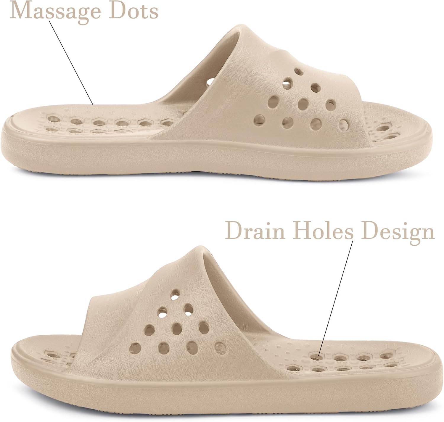 Gaatpot Shower Shoes for Womens Mens Massage Pool Slides with Arch Support Quick Drying Beach Slippers Summer Non Slip Bathroom Indoor Outdoor House Sandals with Drain Holes 12.5-13.5 Women/11-12 Men Khaki image 3 of 5 B0F6N1T9SY