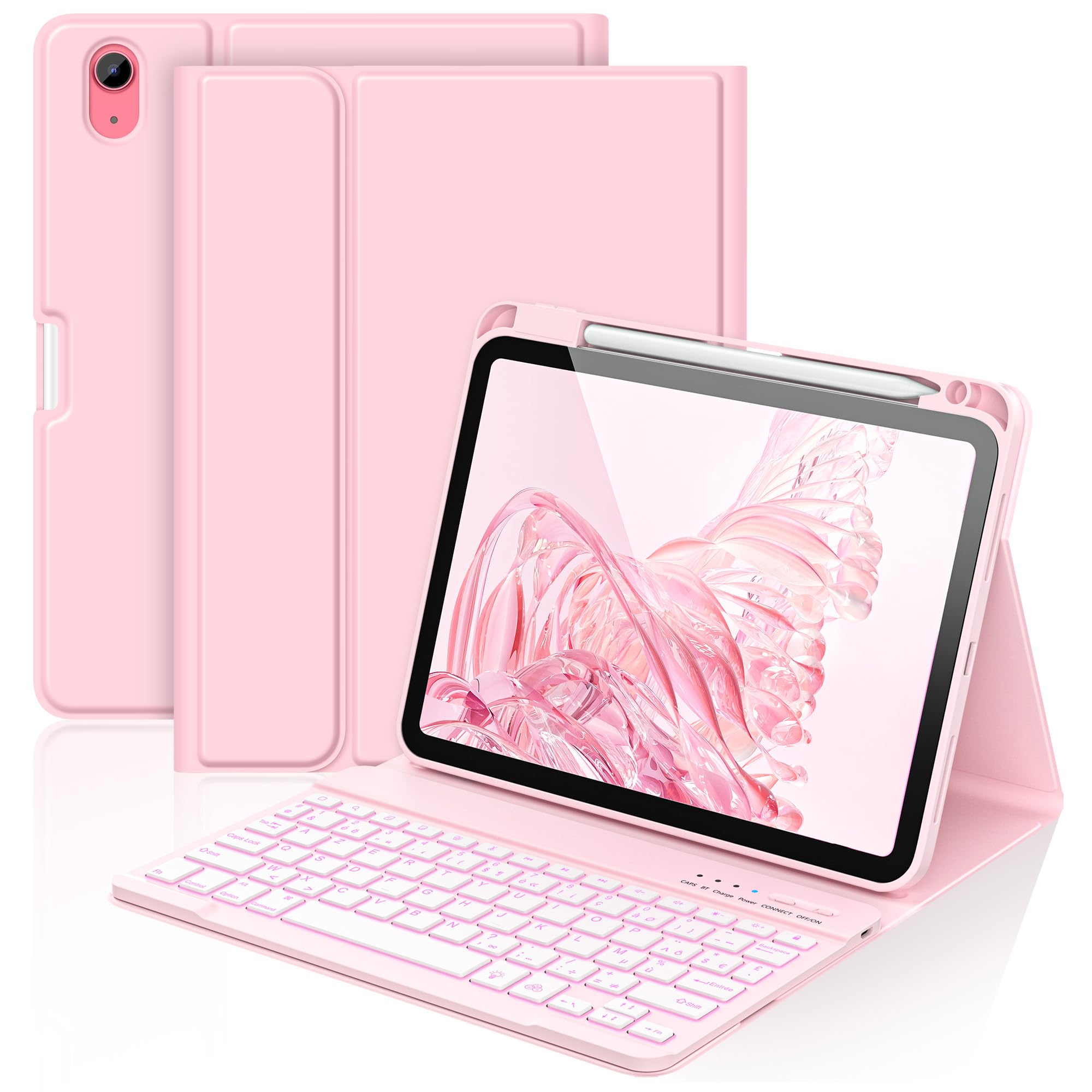 aMZCaSE pour iPad A16 10/11e génération avec Clavier 11/10,9 Pouces(2025/2022),Clavier sans Fil Amovible avec rétroéclairage 7 Couleurs et Support pour Stylet (Rose Clair) | Clavier sans Fil Amovible avec rétroéclairage 7 Couleurs et Support pour Stylet a