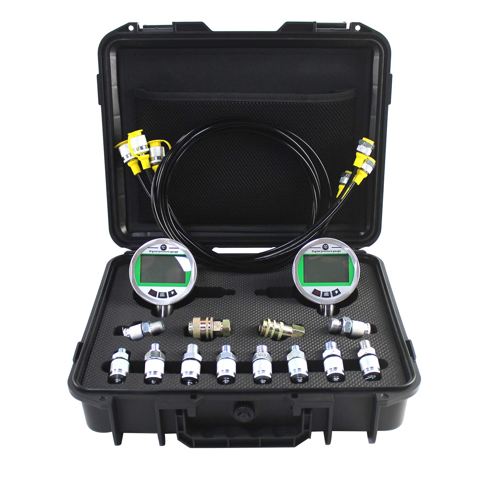 SINOCMP Digital Pressure Gauge Kit with 2 80MPA/12000PSI Pressure Gauges 3 Test Hoses and 12 Couplings Hydraulic Gas Water Pressure Test Kit with