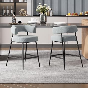 Counter Height Bar Stools Set of 2, Pelletized Velvet Upholstered Modern Counter Stool, 26 inch Seat Height Low Back Barstools, Velvet Bar Chairs with Metal Legs, Grey