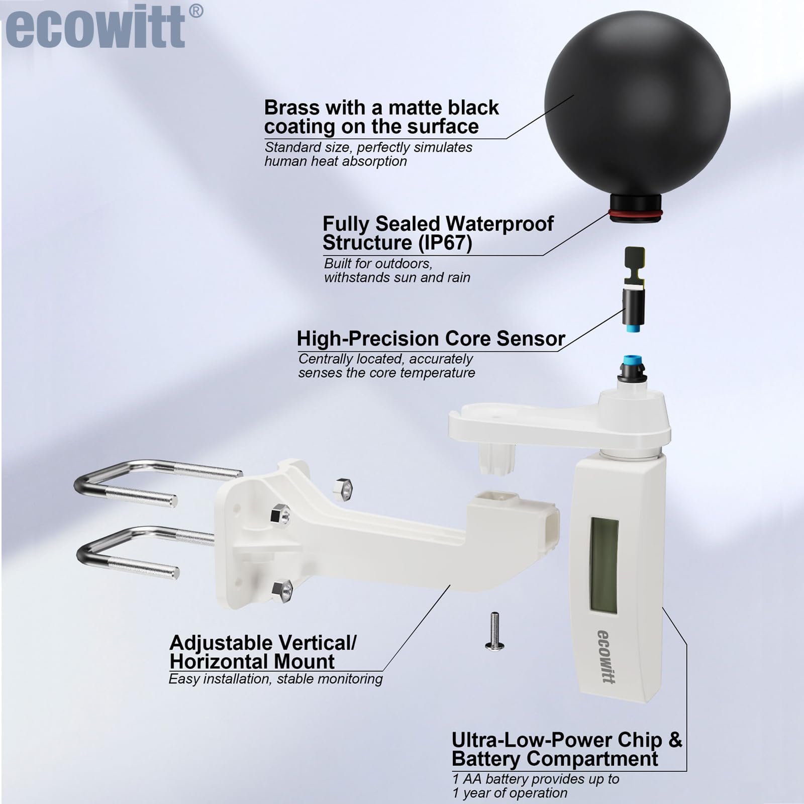 ECOWITT WN38 WBGT + HI Misuratore di indice di calore Sensore di temperatura globo nero Accessorio solo Non può essere utilizzato da solo