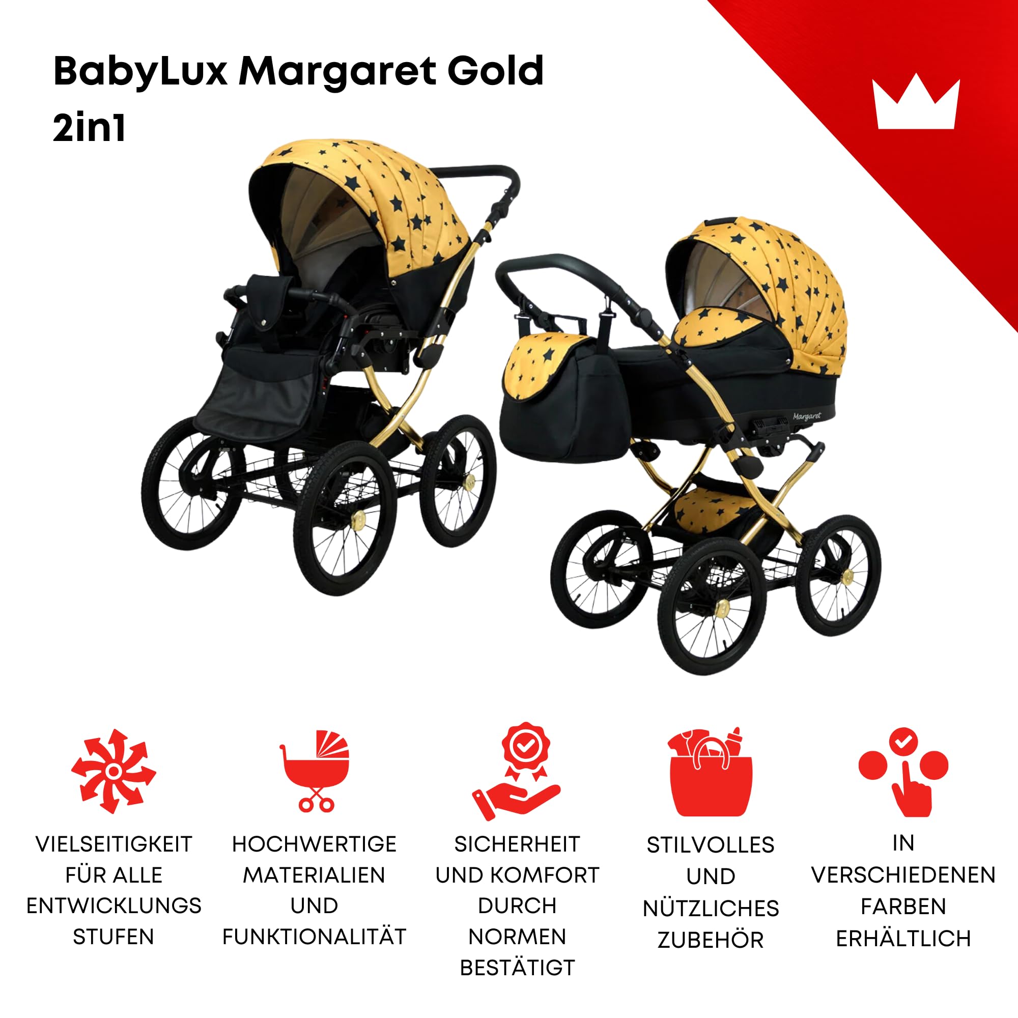 BabyLux Kinderwagen Set 2 in 1 Margaret Gold Kombikinderwagen mit Babywanne Buggy Sportsitz Wickeltasche Regenschutz Moskitonetz