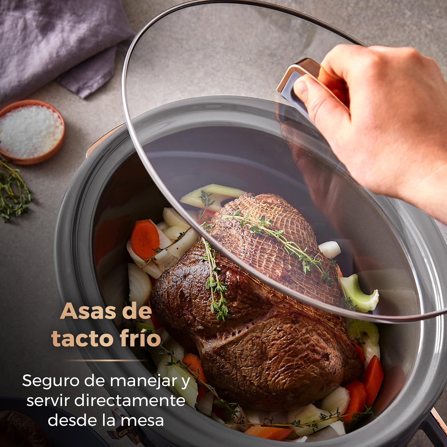 Tower T16043GRY Olla de Cocción Lenta de 6.5 Litros, Modelo Cavaletto – Olla Lenta con 3 Ajustes de Temperatura, Asas de Tacto Frío - Gris y Rosa Oro
