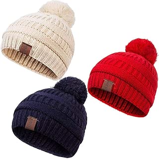 Baby Kids Winter Warm Fleece Lined Hats, Infant Toddler Children Pom Pom Beanie Knit Cap Girls Boys - coolthings.us