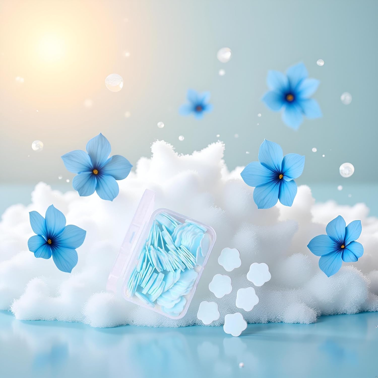 100Pcs Blue Mini Portable Travel Soap Paper Sheets,Flower Shape Disposable Paper Soap Flakes, Cleaning Washing Hand Toiletry Sheets Foot and Hand Care image 4