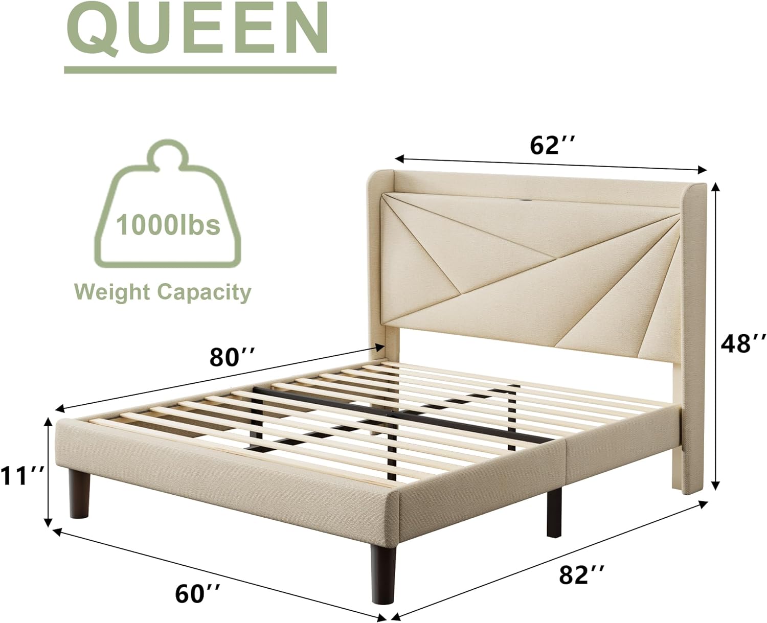 Feonase Queen Size Bed Frame with Charging Station, Linen Upholstered Platform Bed Frame with Wingback Storage Headboard, Solid Wood Slats Support, No Box Spring Needed, Noise Free, Beige - Image 2