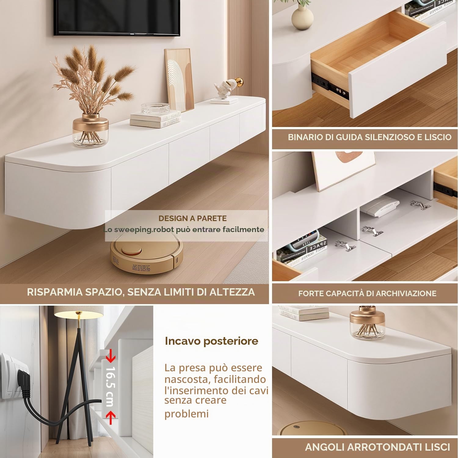 Mobile TV Sospeso Moderna | Consolle Multimediale da Parete | Grande Mobile TV con Spazio di Archiviazione per Soggiorno e Ufficio (Bianco, 220cm)