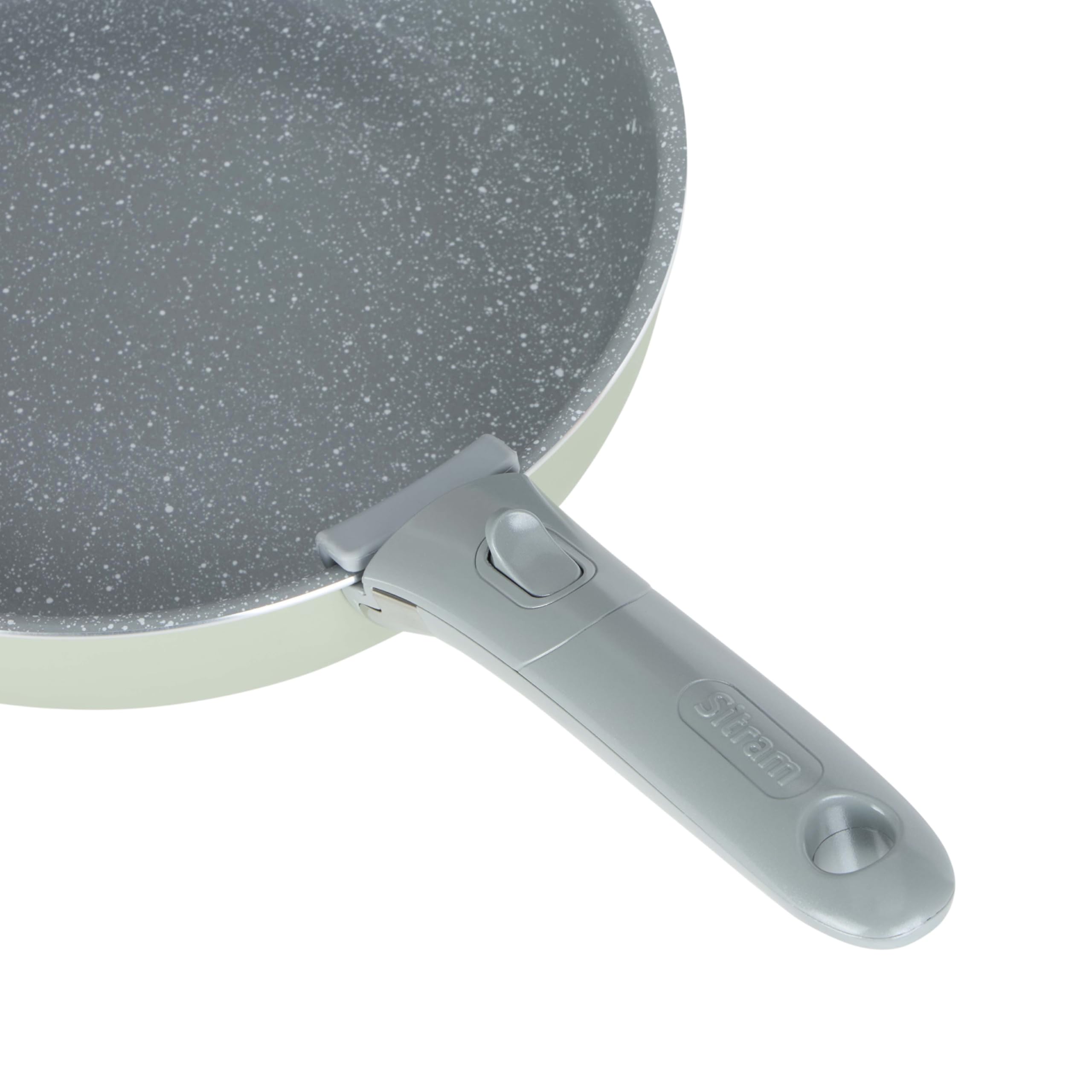 Sitram 716940 - Set di 3 padelle in alluminio, serie FAMILY, Ø 20,24,28 cm, rivestimento antiaderente in ceramica effetto pietra, colore verde, manico rimovibile SITRAMOVIble, tutte le luci incluse