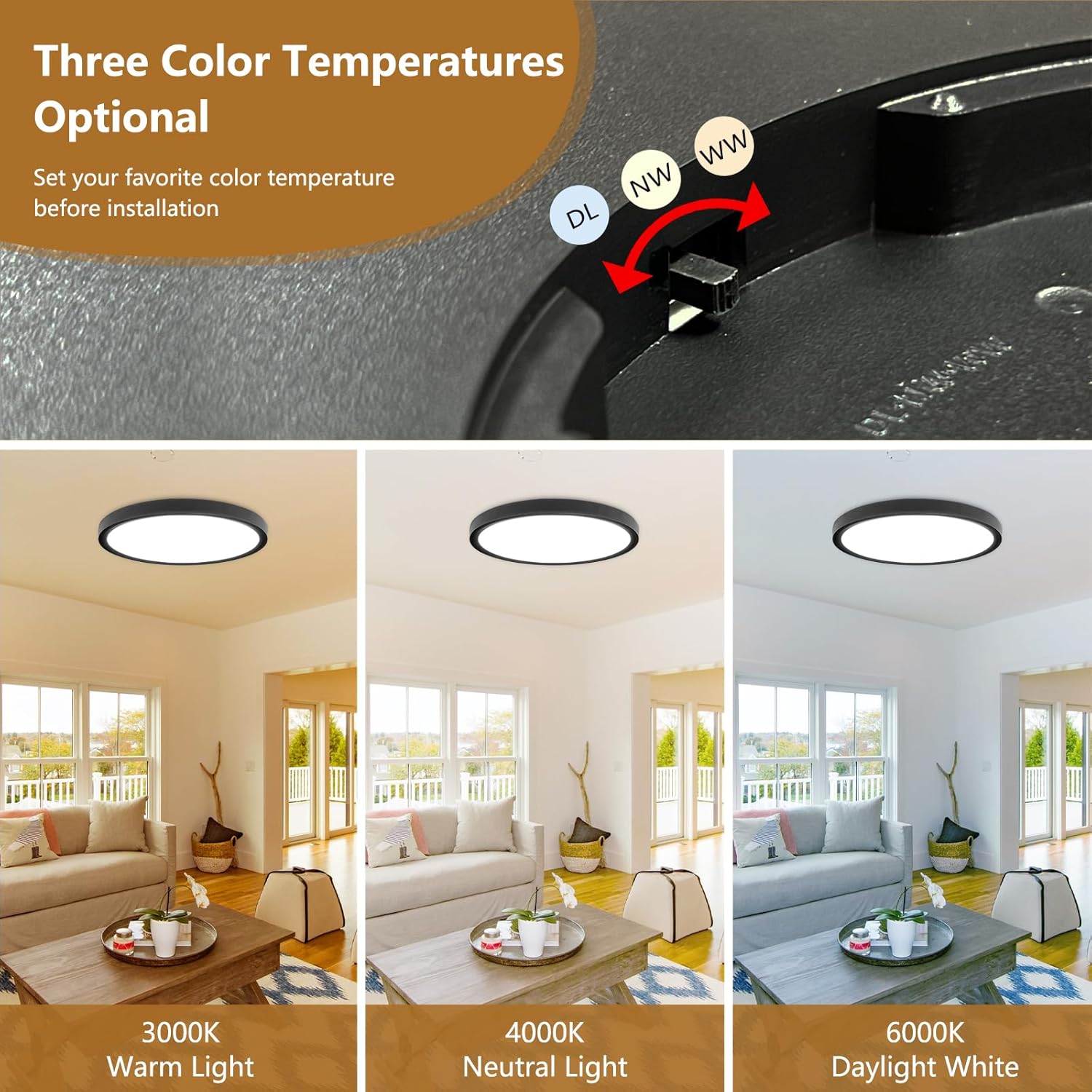 24 Inch Large LED Flush Mount Ceiling Light, 50W, 5480LM, 3000K/4000K/6000K CCT Selectable,Super Slim Low Profile Round Flat Panel Light for Bedroom,Kitchen,Hallway (Black 1PK) Black NoRemote-24inch-1PK
