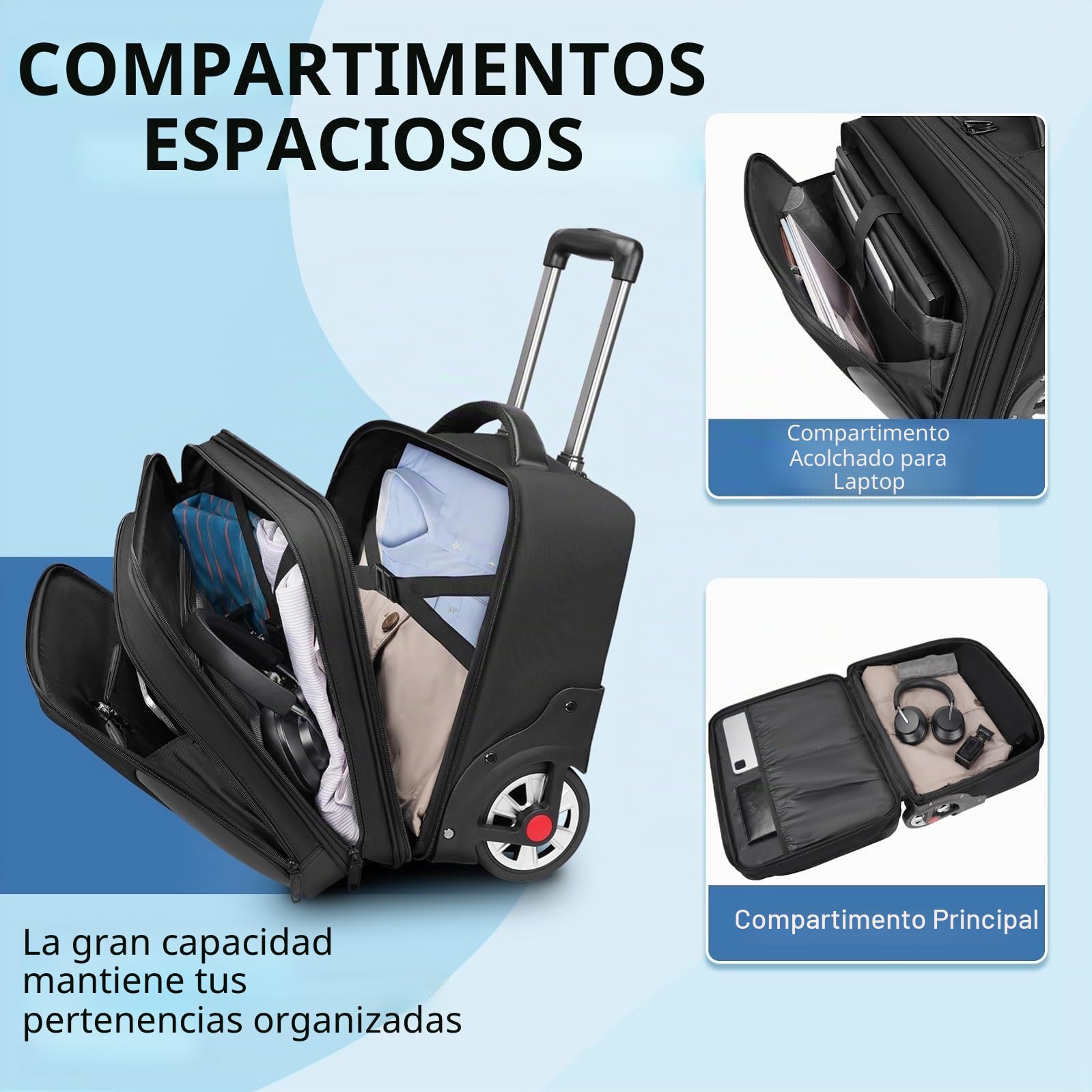 MATEIN Maletin con Ruedas Portatil 17 Pulgadas, Trolley con Ruedas Viaje Grande Silenciosas Resistentes al Desgaste Almacenamiento con Múltiples Compartimentos para Viajes de Negocios, Trabajo, Negro