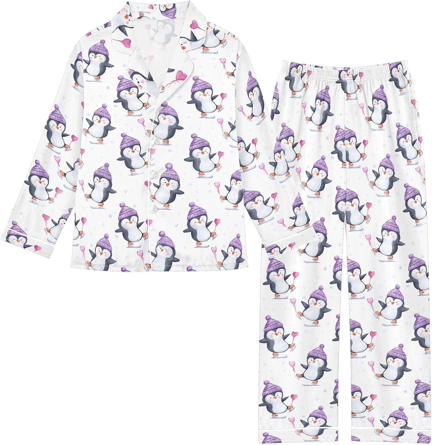 Kids Casual Satin Wear Set Cute Penguin Love Pattern Unisex Relaxed Fit Clothing