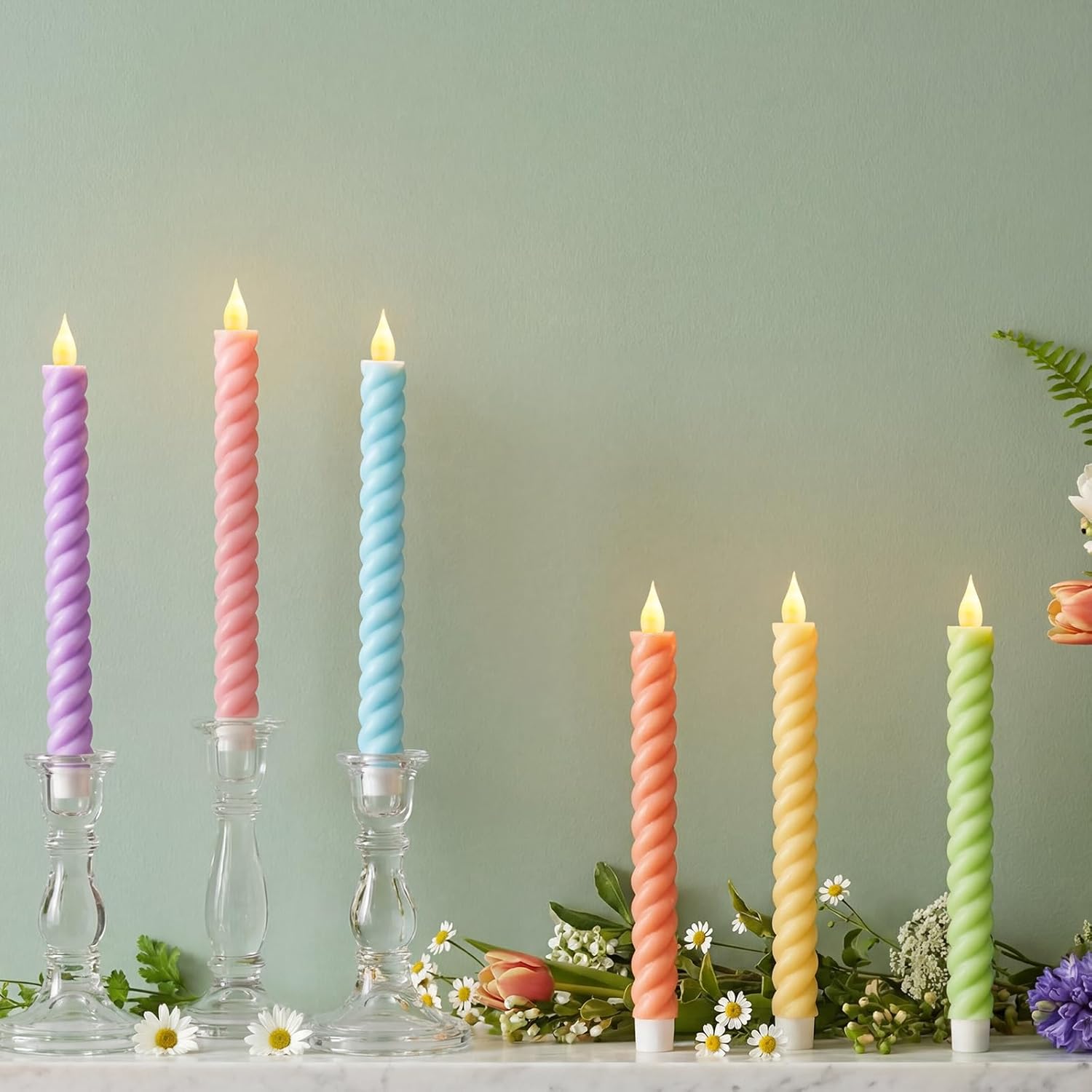 6 Pcs Spring Flameless Taper Candle Pastel Twisted LED Taper Spiral Candlestick 9.65 Inch Colorful Battery Operated Candles Centerpieces for Spring Tea Party Wedding Birthday Easter Home Decor