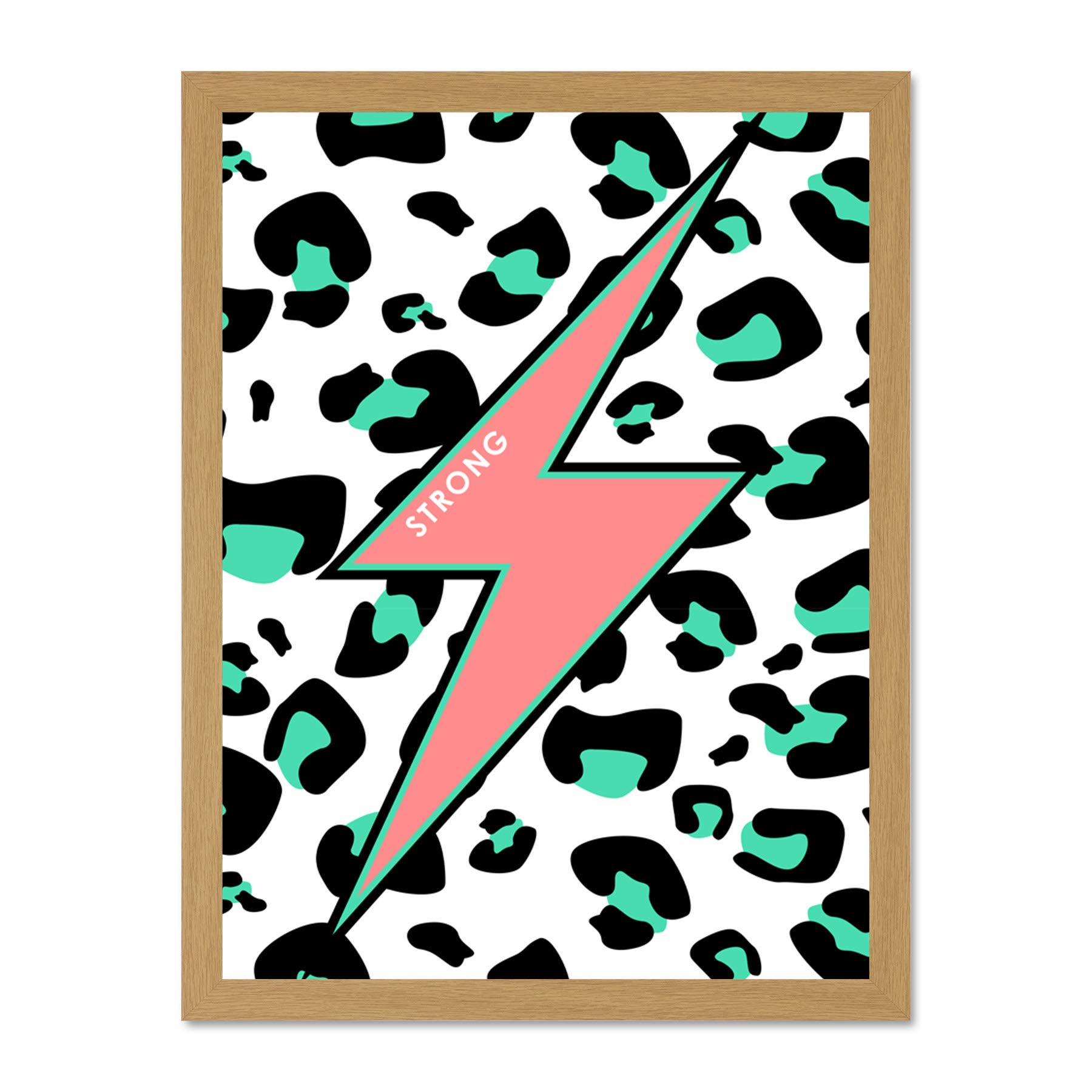 Wee Blue Coo Leopard Coral And Green Strong Reverse Large Light Oak Framed Art Print Wall Poster 18x24 inch