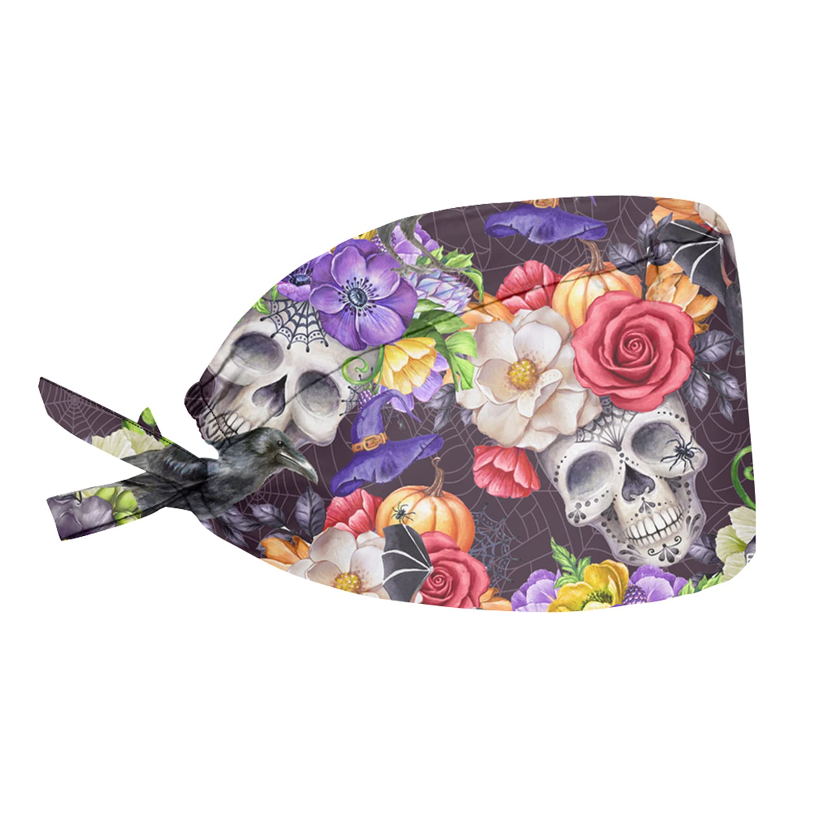JEOCODYHalloween Skull Floral Women Men Working Caps with Adjustable Tie Back Hat One Size